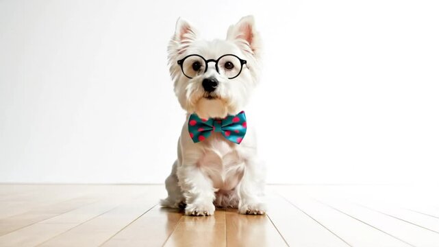 Cute white West Highland Terrier with round glasses and colorful polka dot bowtie looking at the camera.