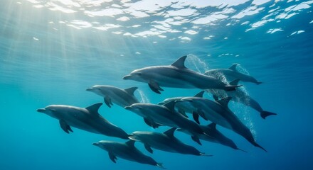 Obraz premium Pod of Dolphins Swimming in Clear Blue Ocean Water