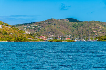 Fototapeta premium A view towards the marina at Fat Hogs Bay near Road Town, Tortola on a bright morning