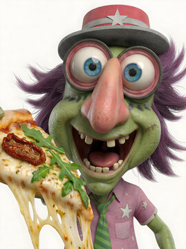 Um personagem Ave verde de desenho animado, com pele verde, cabelo roxo e grandes olhos azuis, segura uma pizza inteira no bra&ccedil;o esquerdo e uma fatia de pizza na m&atilde;o direita. 