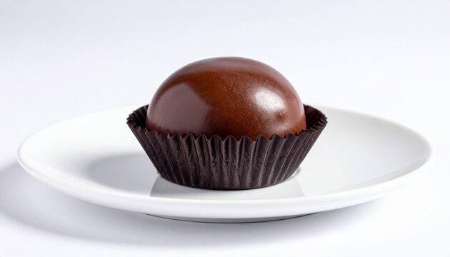 Brazilian brigadeiro dessert on minimalist luxury plate, perfect chocolate sphere texture, soft natural lighting from side, clean background, professional food photography