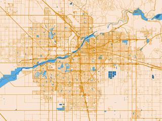 Obraz premium Urban map poster of Bakersfield, California with minimal parchment-toned map with golden street network and sky-blue water areas