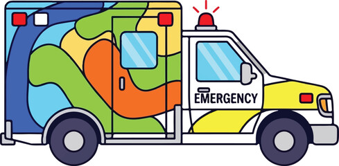 Naklejka premium A colorful ambulance vehicle featuring a vibrant abstract pattern and emergency siren light signal