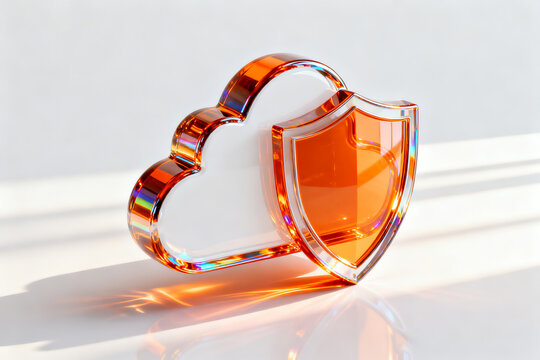 Shield cloud data security icon in chrome and shimmering glass shape