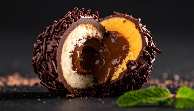 Ultra modern Brazilian brigadeiro dessert with liquid chocolate core revealed in a clean cut, hyper detailed macro texture, soft cinematic shadows, dark luxury background, premium gourmet plating