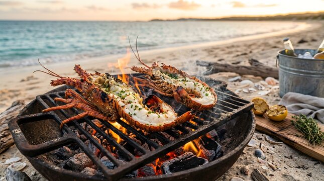 Grilled Lobster Tails on Beach Fire Pit at Golden Hour Sunset