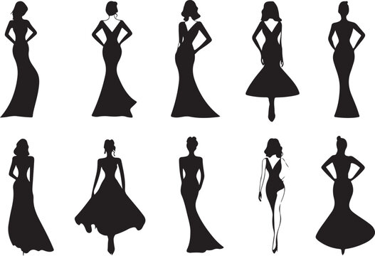 Silhouettes of women in evening gowns.