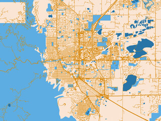 Fototapeta premium Street network map of Boulder, Colorado, featuring warm cream background with golden road lines and bright blue water in a clean flat cartographic style