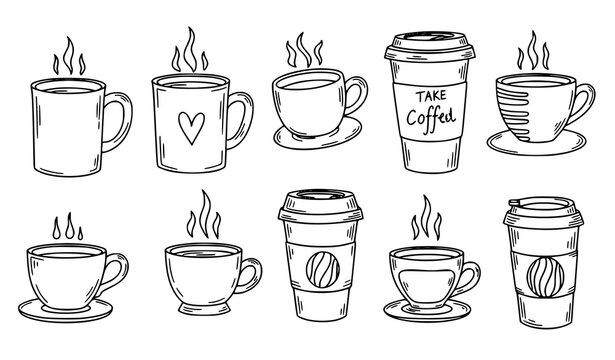 A collection of ten coffee cups and mugs in various styles and designs with steam rising from them