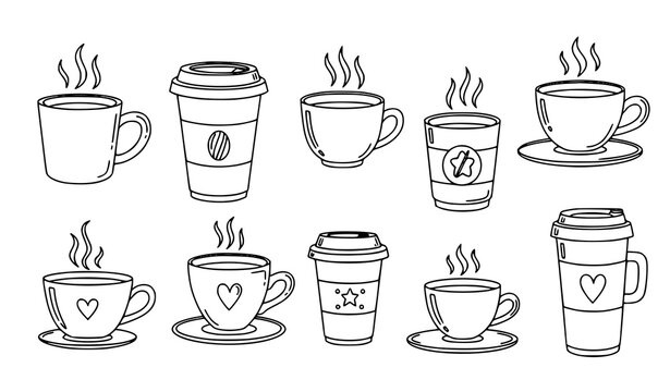 A collection of ten steaming hot coffee cups and travel mugs with various designs