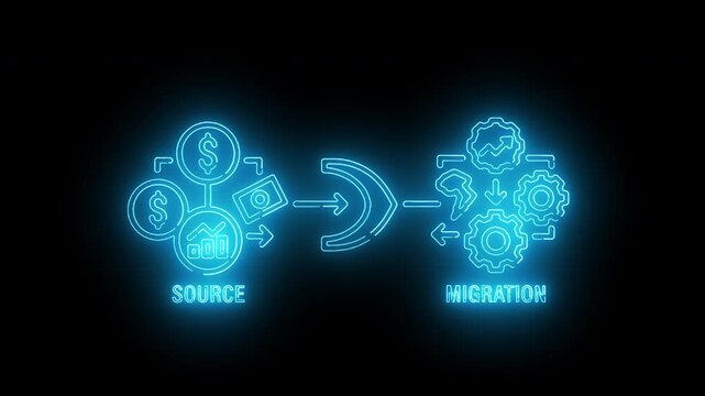 Neon blue glowing icon of a magnifying glass surrounded by connected text boxes and a checkmark on a black background with a futuristic and technological mood.