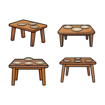 Simple wooden table with dish plates flat vector icon isolated on background