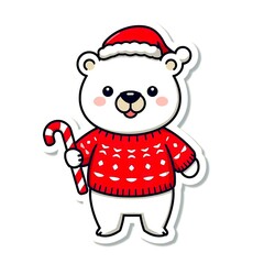Fototapeta premium Cute polar bear wearing Christmas sweater, holding candy cane, smiling, 