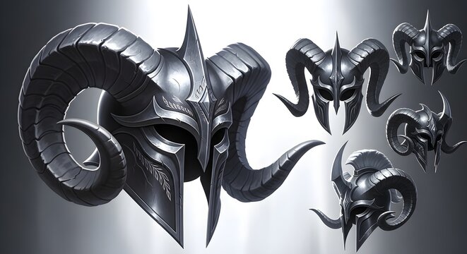 Fantasy horned helmet collection, dark metal warrior headgear with ram horns, medieval knight armor set for gaming and character design