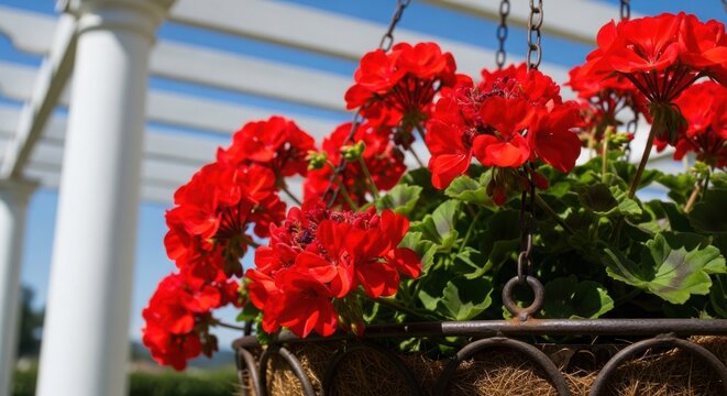 Vibrant red geraniums in hanging basket against white pergola and clear blue sky. Lush greenery surrounds bright red flowers, creating a beautiful outdoor display.