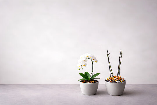 Healthy Orchid vs Cigarette Butts in Pot &ndash; Smoking Damage Concept, Environmental Pollution and Life Contrast