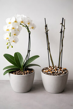 Healthy Orchid vs Cigarette Butts in Pot &ndash; Smoking Damage Concept, Environmental Pollution and Life Contrast
