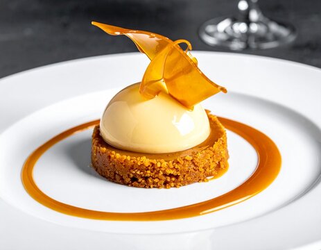 Luxury doce de leite dessert with glass-like sugar sculpture and flowing caramel ribbon, high contrast lighting, premium restaurant presentation, extremely sharp macro detail
