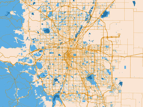 Street network map of Denver, Colorado, golden linework with blue water