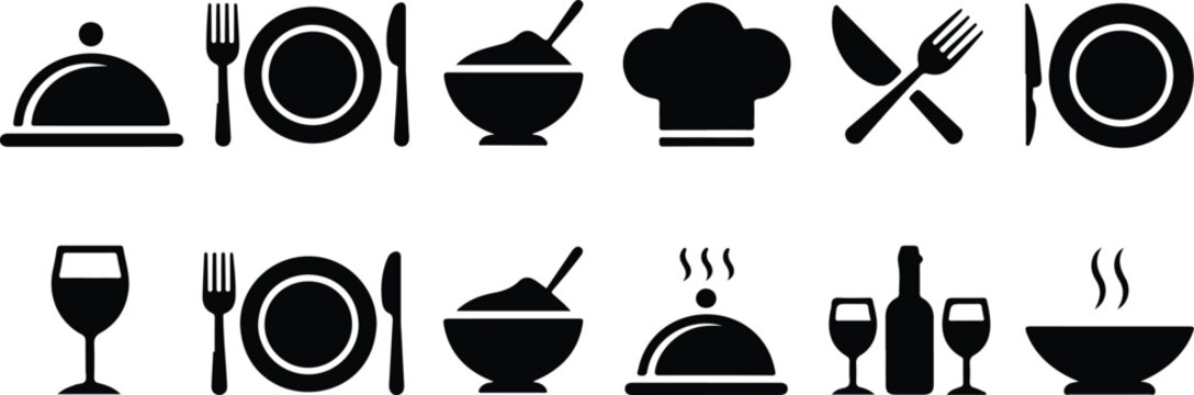Collection of kitchen dining utensils icons plate fork knife and spoon clean line art minimal vector illustration set