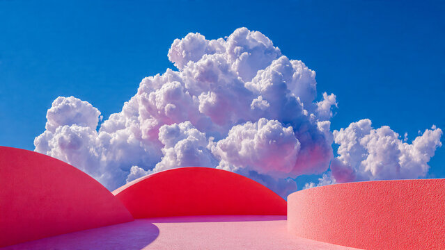 Place entour&eacute;e de murs rose avec &eacute;norme nuage dans le ciel, paysage abstrait