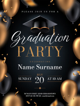 Elegant graduation party invitation vector template with realistic gold and black balloons, academic cap, confetti and glitter typography on dark background.