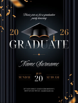 Luxury 2026 graduation party invitation vector template with realistic academic cap, black curtains, falling gold confetti and elegant typography on dark background.