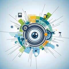 Obraz premium Vibrant digital eye observing a complex network of technological elements and data streams, symbolizing global connectivity, advanced insights, and future innovation