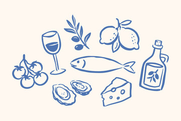 Mediterranean food doodle icon set hand drawn vector illustration
