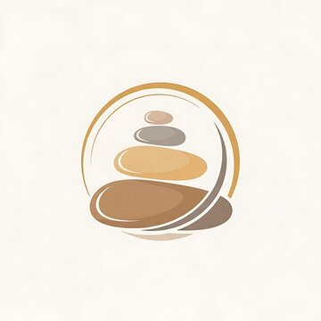 A serene logo featuring a balanced stack of smooth, earthy-toned zen stones within a circular, flowing frame, symbolizing harmony and tranquility.