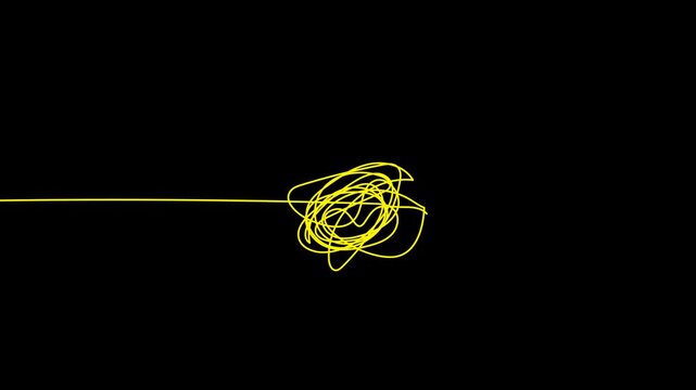 Abstract yellow neon line scribble animation on black background with horizontal stroke, looping motion graphics