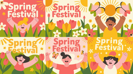 Fototapeta premium Celebrating spring with joyful illustrations of people and blooming flowers