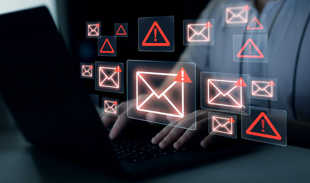Email security alert detecting and preventing email attacks, scams and phishing. Protection against malware, fraud, and unauthorized access to digital data.