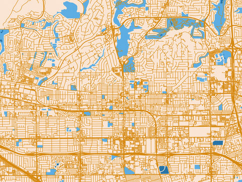 Urban map poster of Fullerton, California &ndash; golden linework with blue water