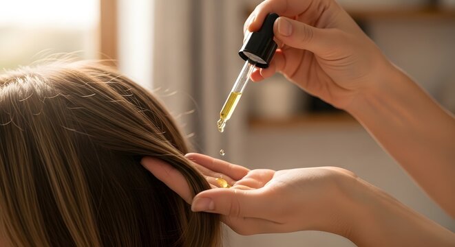 Woman applying hair serum or oil from dropper onto her highlighted blonde hair for care.