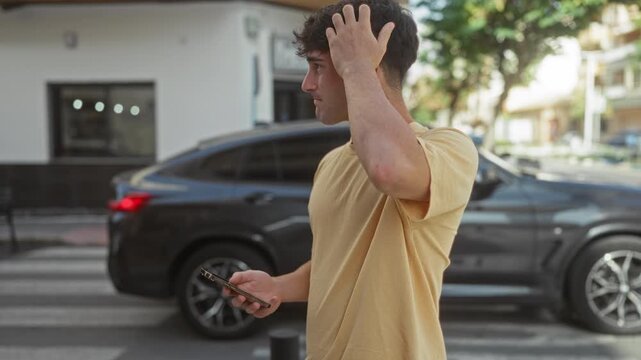 Man in yellow t shirt holding smartphone with hand to hair on urban street, glancing at screen and checking messages; thoughtful pause.