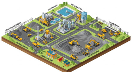 Obraz premium Isometric View of a Construction Site with Heavy Machinery and Infrastructure.