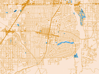 Fototapeta premium Cartographic city illustration of Hesperia, California — light cream city field with mustard-gold linework and vivid blue lakes, rivers and waterways
