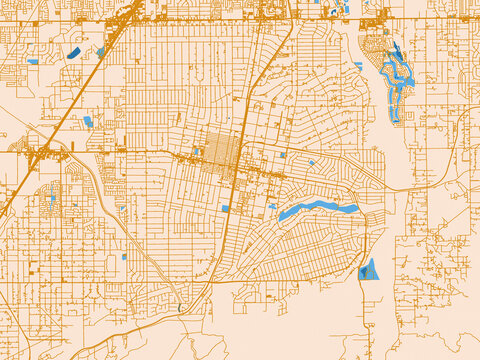 Cartographic city illustration of Hesperia, California &mdash; light cream city field with mustard-gold linework and vivid blue lakes, rivers and waterways