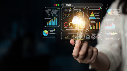 Obraz premium Bright Idea Concept with Light Bulb and Dashboard Analytics in a Modern Business Environment for Innovation and Data Analysis Quark.