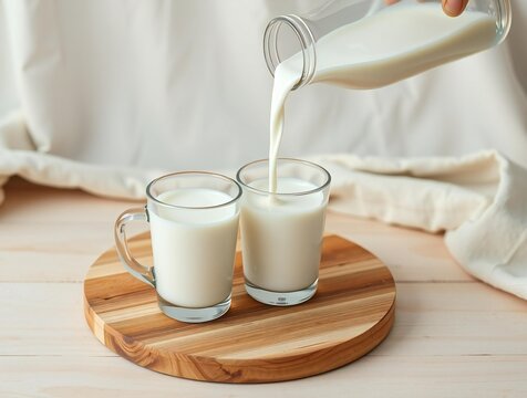 Pouring fresh milk into two clear glass mugs on a wooden board