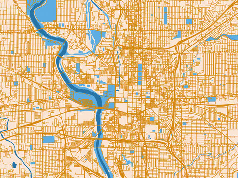 Cartographic city illustration of Indianapolis Center, Indiana &mdash; minimal parchment-toned map with golden street network and sky-blue water areas