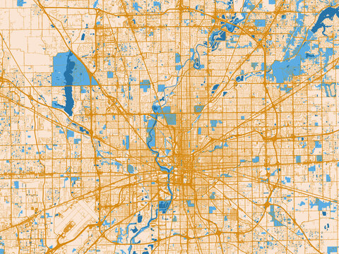 City map of Indianapolis, Indiana &mdash; soft ivory map base with ochre-gold streets and clear blue water shapes for crisp contrast