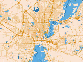 Fototapeta premium Cartographic city illustration of Jackson, Mississippi — light cream city field with mustard-gold linework and vivid blue lakes, rivers and waterways