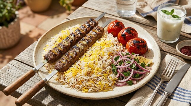 Persian Kabab Koobideh Minced Lamb Skewers with Saffron Rice