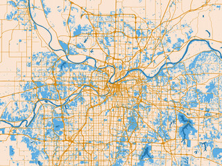 Fototapeta premium Street network map of Kansas City, Kansas, featuring light cream city field with mustard-gold linework and vivid blue lakes, rivers and waterways
