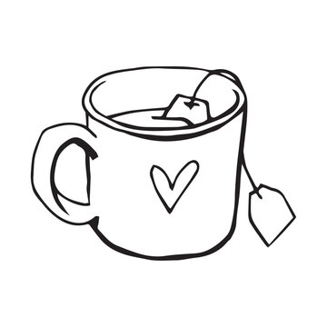 Tea mug with heart and tea bag hand drawn sketch illustration. Cozy drink doodle, bold outline, black on white. For cafe, gift, Valentine and cozy lifestyle design.