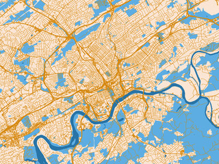 Fototapeta premium Urban map poster of Knoxville, Tennessee with light cream city field with mustard-gold linework and vivid blue lakes, rivers and waterways