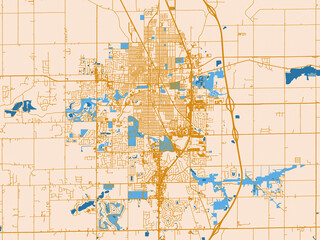 Fototapeta premium Street network map of Kokomo, Indiana, golden linework with blue water
