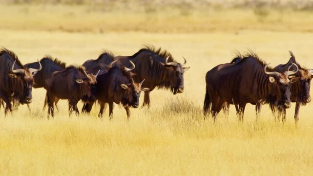 Playful blue wildebeest (Connochaetes taurinus) Walking in dust, Mokala National Park, South Africa